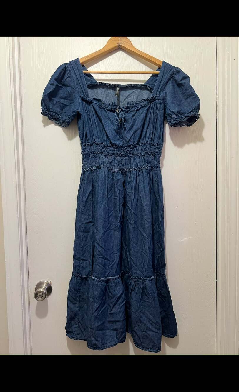Lapis Smocked Waist Tiered Chambray Denim Peasant Maxi Dress